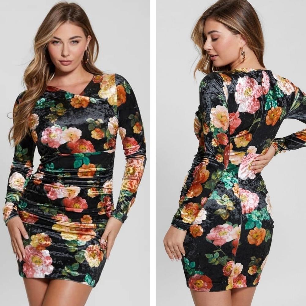 Guess Tess long sleeve floral velvet dress Peony Charm black wrap size large NEW